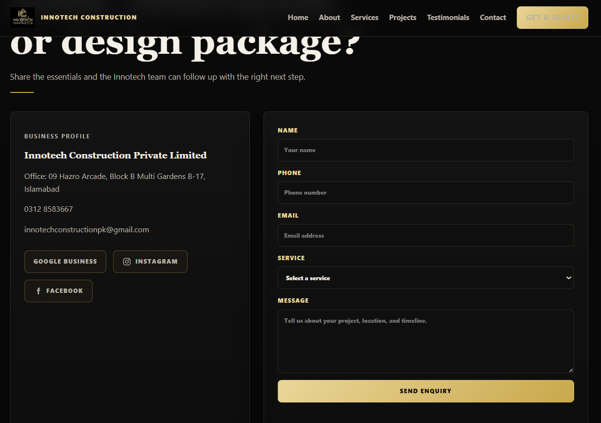 Innotech Construction enquiry form for quotes and design packages