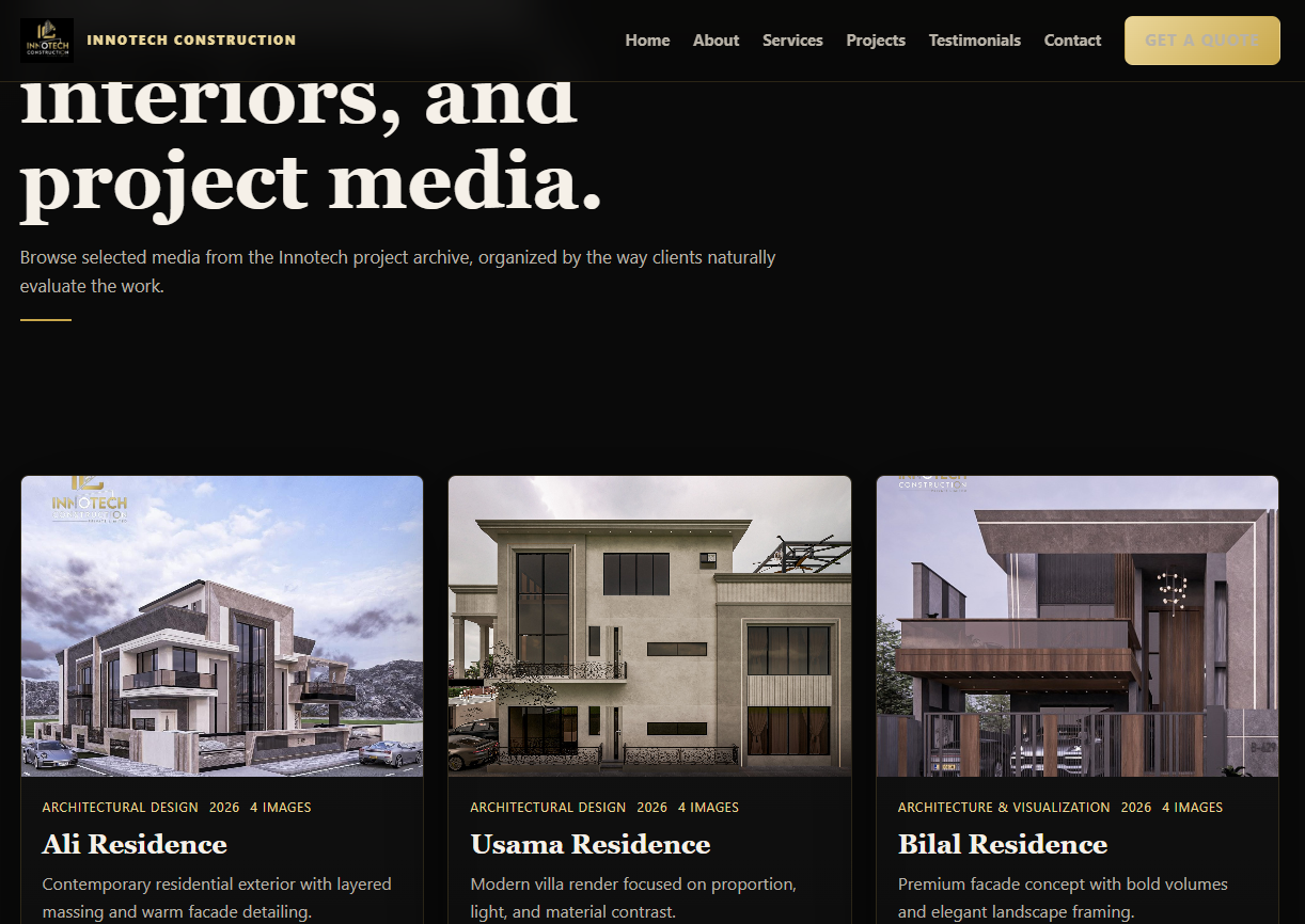 Innotech Construction projects page showing recent residential builds
