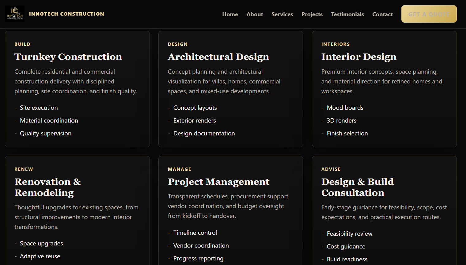 Innotech Construction services page listing build, design, and project management offerings