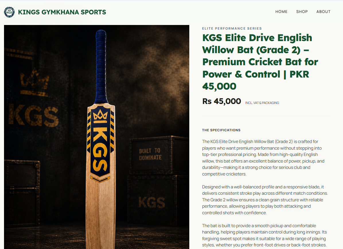 Kings Gymkhana Sports product page for a cricket bat
