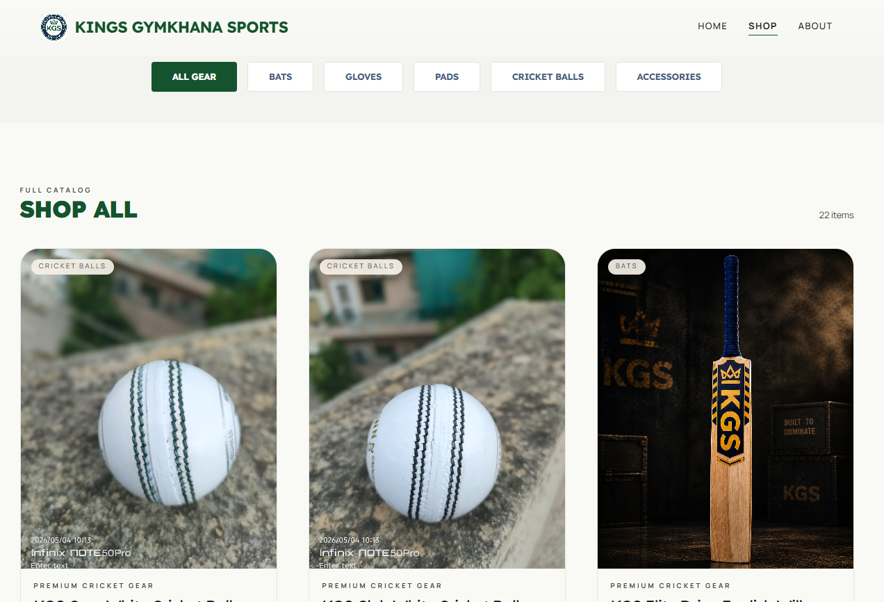 Kings Gymkhana Sports shop page with gear catalog and category filters