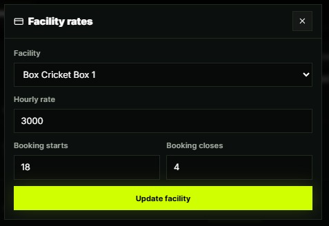 PK Arena admin — facility rate configuration