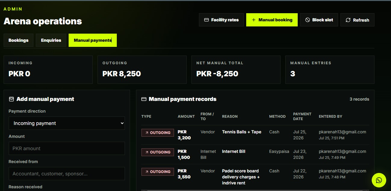 PK Arena admin — manual payments and finance tracking
