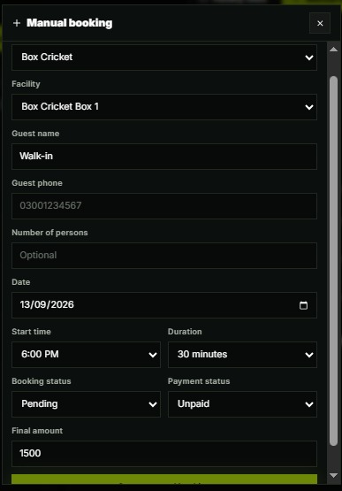 PK Arena manual booking creation form in the admin portal