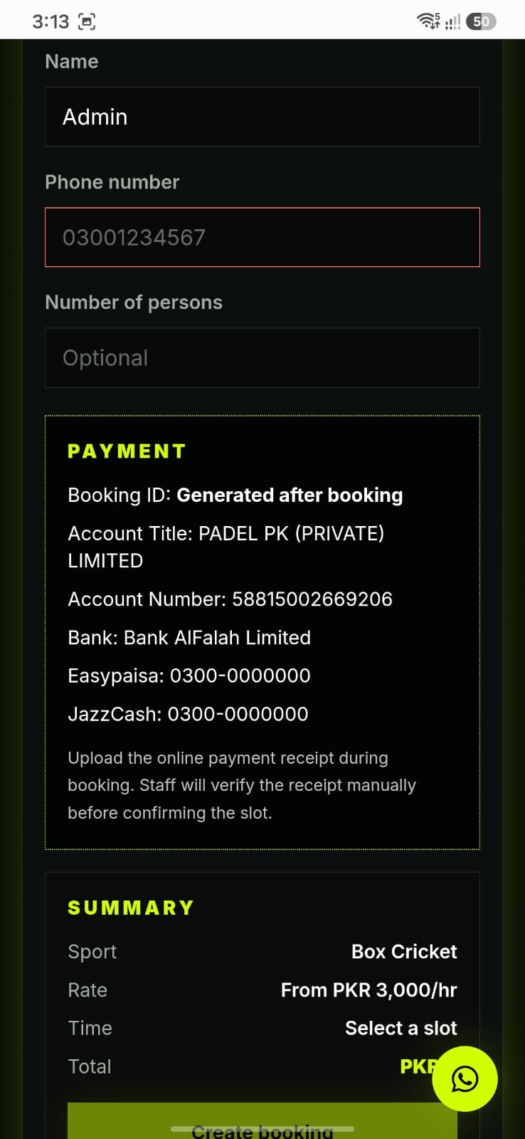 PK Arena customer booking flow — payment instructions step