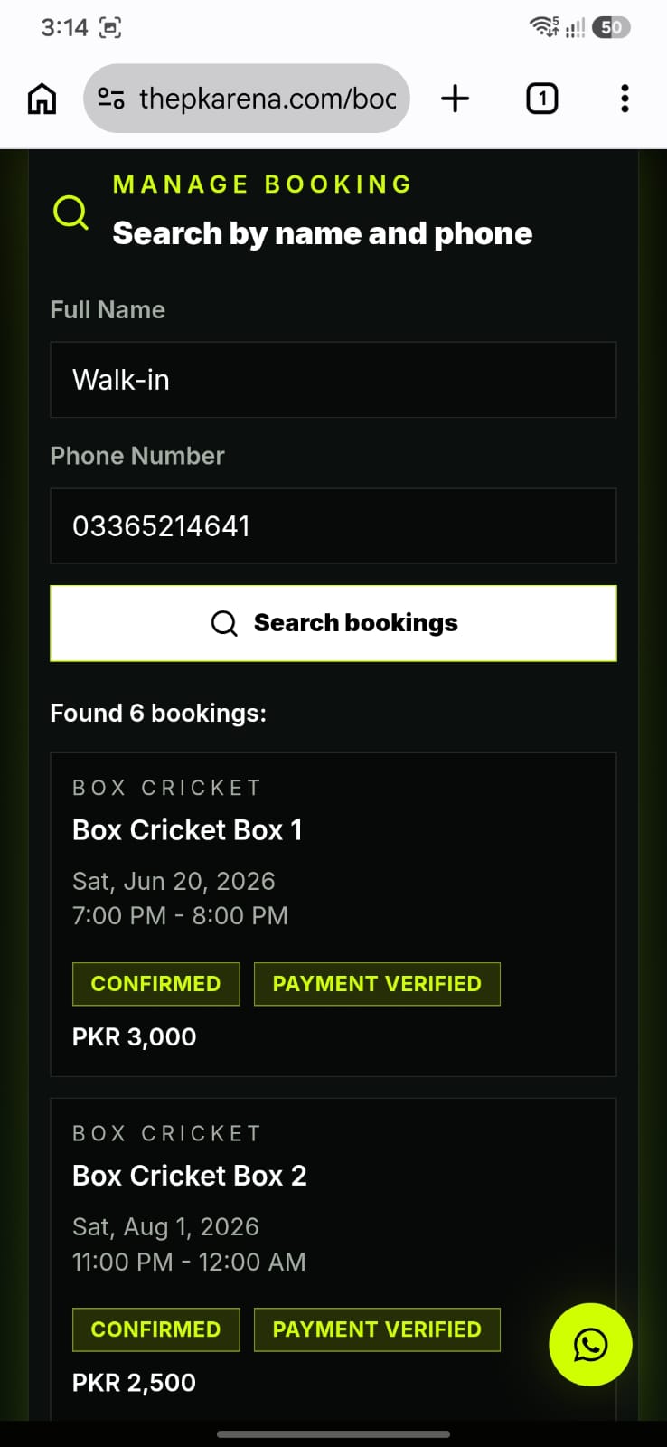 PK Arena — manage booking search by name and phone